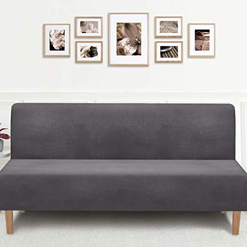 HOMBYS Armless Stretch Velvet Futon Sofa Slipcover for Folding Sofa Bed,Elastic Washable Couch Cover Furniture Protector for Pets Kids Children Dog Cat(Large,Grey)