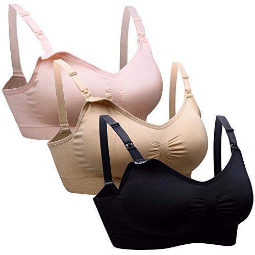 Daisity Womens Seamless Sleep Nursing Bra for Breastfeeding Clip Down Maternity Bras Pack of 3 Color Black Beige Pink Size L