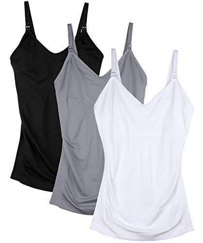 Daisity Womens Maternity Nursing Tank Cami for Breastfeeding with Adjustable Straps Pack of 3 Color Black Grey White Size L