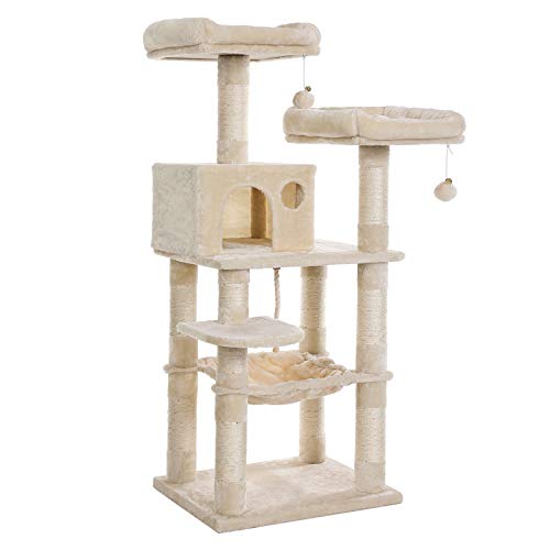 FEANDREA 56.3-Inch Multi-Level Cat Tree with Sisal-Covered Scratching Posts, Plush Perches, Hammock, and Condo, Cat Tower Furniture, for Kitten, Pet, Beige UPCT015M01
