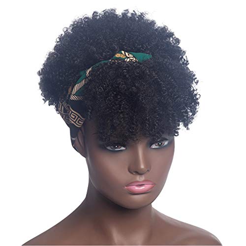 Riglamour Afro Kinky Curly Wig with Bangs on Headband Short Black Hair Wig With African Head Wrap Attached for Black Women Head Wrap Wig 2 in 1 (Short, Black)