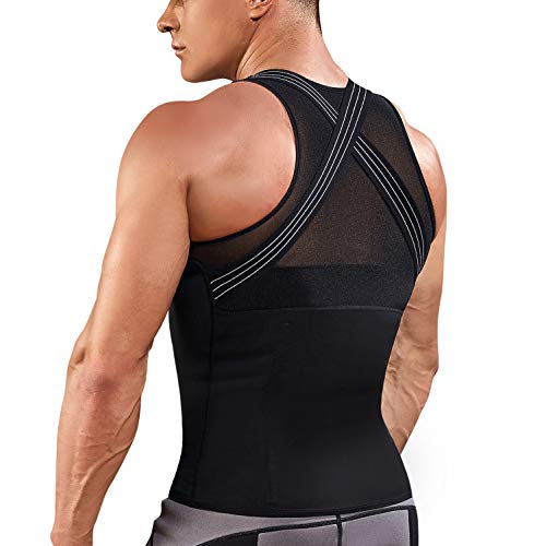 Underwear Men Shirt Tight Tank with Top Upper Back Support Brace Tummy Trimmer Body Shaper Slim Vest (Black with Hook, M)