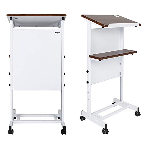 Bonnlo Mobile Stand Up Lectern Height Adjustable Podium with Wheels, Portable Heavy Duty Desk, Church Pulpit or Ceremony, Classroom Lecture Speech Teach Platform, Walnut Tabletop and White Steel Frame