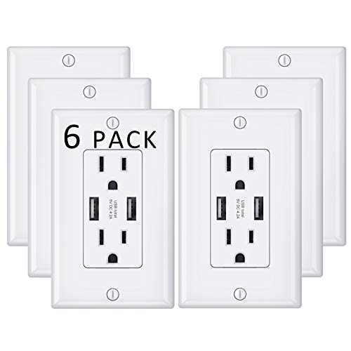 NUOZHI USB Outlet,15A Duplex Receptacle with Dual USB ports (5V/4.2A), Compatible with iPhone XS/MAX/XR/X/8, Samsung Galaxy S9/S8/S7, LG, HTC & other Smartphones, ETL Listed, White 6 Pack