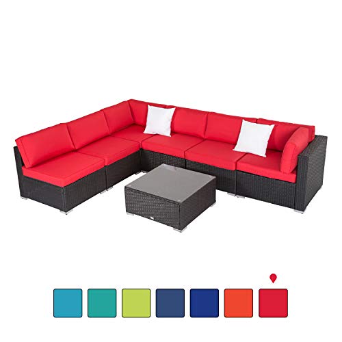 Peach Tree 7 PCs Outdoor Patio PE Rattan Wicker Sofa Sectional Furniture Set with Red Cushion, 2 Pillows and Tea Table
