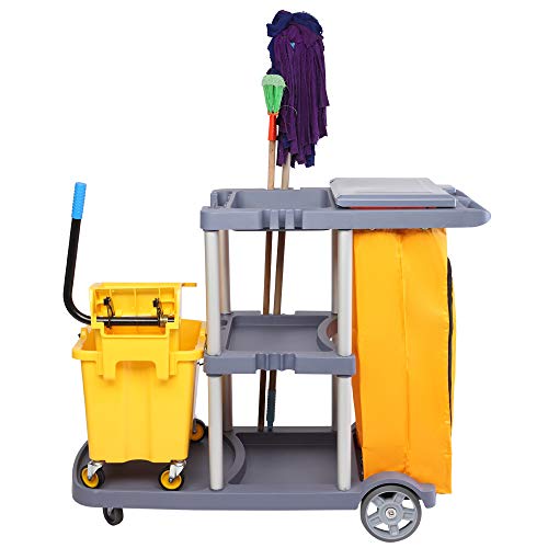 SSLine Commercial Cleaning Janitorial Cart on Wheels 3-Shelf Housekeeping Caddy Rolling Janitor Cart with 22 Gallon Vinyl Waste Bag and Cover - Gray&Yellow