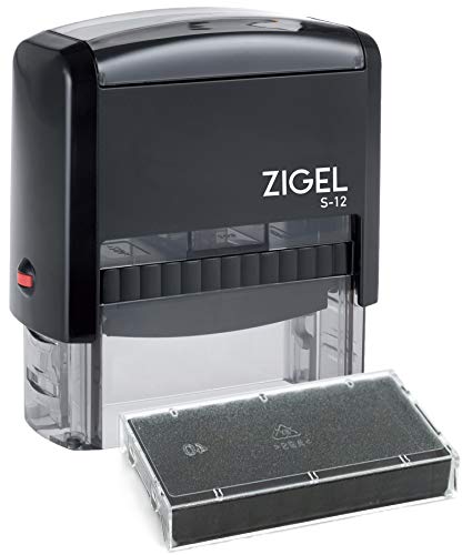ZIGEL S+12 Self Inking Rubber Stamp 3/4' x 1-7/8' with Extra Replacement Ink Pad - Customize Online up to Four Lines of Type - Many Font and Color Choices