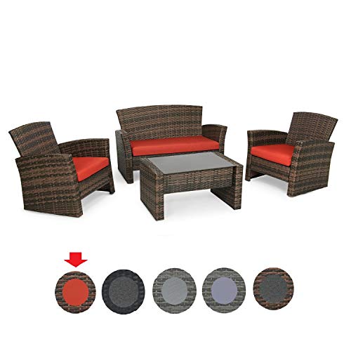 GREARDEN 4 Pieces Outdoor Patio Furniture Sets, Patio Conversation Sets with Glass Coffee Table for Garden, Balcony, Porch, Backyard and Poolside (Brown Rattan, Orange Cushions)