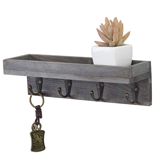 MyGift Vintage Grey Wood Wall Mounted Entryway Shelf with 4 Antique Metal Hooks