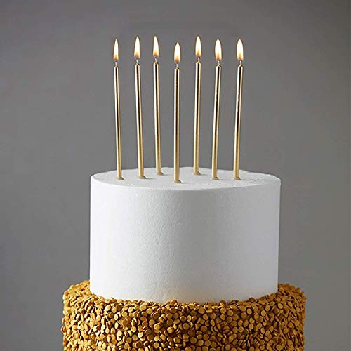 24 Count Party Long Thin Cake Candles Metallic Birthday Candles in Holders for Birthday Cakes Cupcake, Champagne Gold