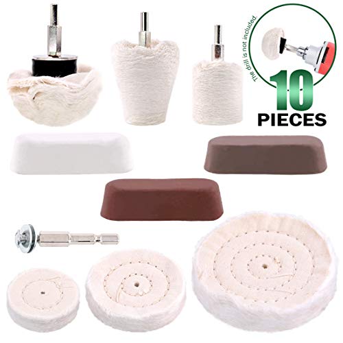 Keadic 10 Pcs Buffing Pad Polishing Wheel Kits with 3pcs Rouge Compound, Cone/Column/Mushroom/T-Shaped Wheel Grinding Head with 1/4' Handle, for Manifold, Aluminum, Stainless Steel, Chrome