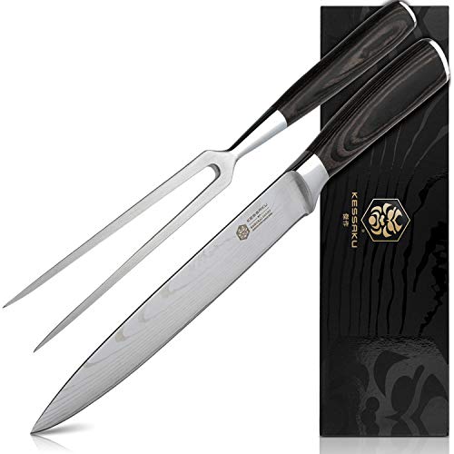 Kessaku 8-Inch Slicing Carving Knife and 7-Inch Serving Fork Set - Samurai Series - Japanese Etched High Carbon Steel