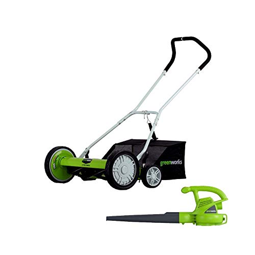 Greenworks 18-Inch Reel Lawn Mower with Grass Catcher 25062 + 7 AMP Blower 24012