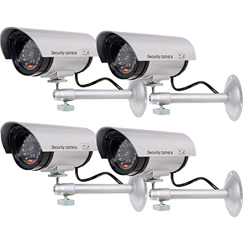 WALI Bullet Dummy Fake Surveillance Security CCTV Dome Camera Indoor Outdoor with one LED Light + Sticker Decals (TC-S4), 4 Packs, Silver