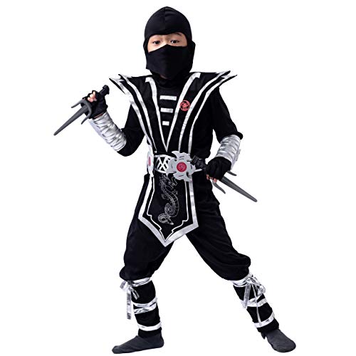 Silver Ninja Deluxe Costume Set with Ninja Foam Accessories toys for Kids Kung Fu Outfit Halloween Ideas(Small (5 – 7))
