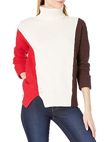 French Connection Women's Patchwork Multi Color Sweater, True Red/Classic Cream/Brown, M