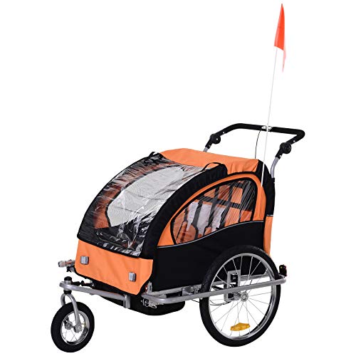 Aosom Elite 360 Swivel 2-in-1 Double Child Two-Wheel Bicycle Cargo Trailer and Jogger with 2 Safety Harnesses, Orange