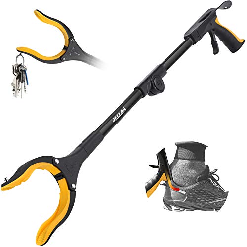 Jellas Reacher Grabber Tool, 0°-180° Angled Arm, 90° Rotating Head, 32' Foldable Claw Grabber with Shoehorn, Reaching Assist Tool for Trash Pick Up, Litter Picker, Arm Extension (Yellow)