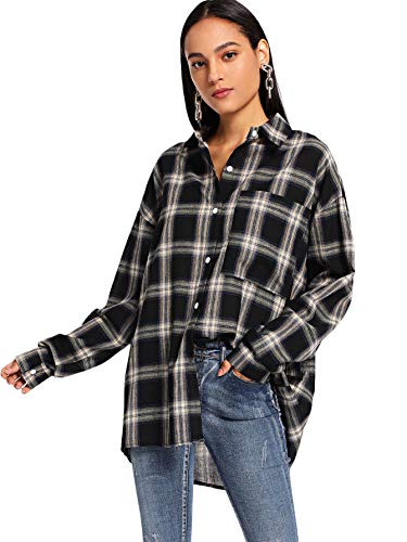 SweatyRocks Women's Long Sleeve Collar Plaid Long Button Down Shirt Blouse Tops Black X-Large