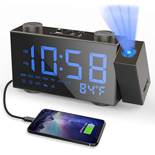 Moskee Projection Alarm Clock Digital Dual Alarm Clocks for Bedroom with FM Radio, Snooze,LED Display Classic Style, Black