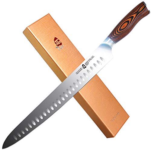 TUO Slicing Knife - Granton Carving Knife - Hollow Ground German Stainless Steel - Rust Resistant - Ergonomic Pakkawood Handle - Luxurious Gift Box Included - 12' - Fiery Phoenix Series