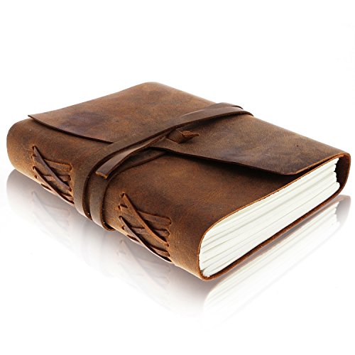 Leather Journal Writing Notebook - Antique Handmade Leather Bound Daily Notepad for Men + Women Unlined Paper 7 x 5 Inches, Perfect Gift for Art Sketchbook, Travel Diary and Notebooks to Write in