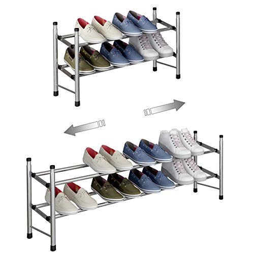 TZAMLI 2-Tier Free Standing Shoe Rack Metal Iron of Expandable and Adjustable Shoes Organizer, Stackable Shoe Shelf for Entryway Doorway, 24.41' x 8.66' x 13.78' (Silver Gray, 2-Tier)