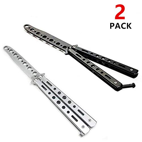 AIFUSI Butterfly Knife, Trainer Martial Arts Practice Swords Steel Metal Folding Knife Training Knife Tool Unsharpened, Random Color Blade Black and Silver, Set of 2