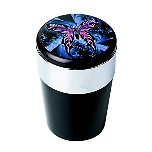 Car Ashtray, Portable Smokeless Ashtray Cup Cigar Garbage Container with Lid and Blue LED Light