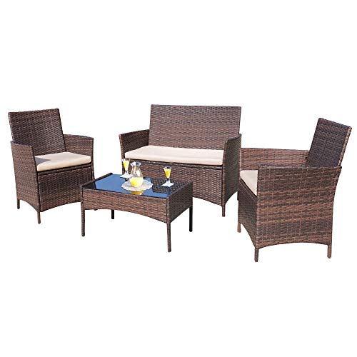 Homall 4 Pieces Outdoor Patio Furniture Sets Rattan Chair Wicker Set, Outdoor Indoor Use Backyard Porch Garden Poolside Balcony Furniture Sets (Brown and Beige)