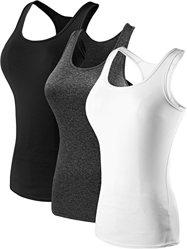 Womens 3 Pack Compression Athletic Long Tank Top,Black,Grey,White,EU M, US Small