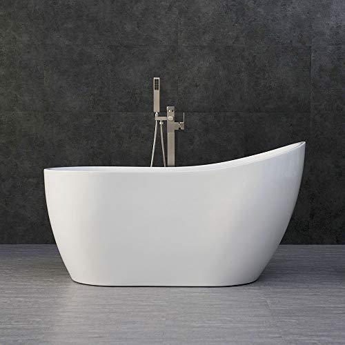 WOODBRIDGE Acrylic Freestanding Contemporary Soaking Tub with Brushed Nickel Overflow and Drain, B-0006 / BTA1507, 54' Bathtub White