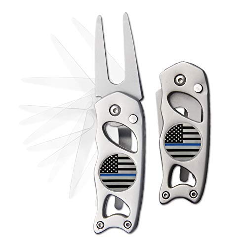 Indiana Metal Craft Thin Blue Line Switchblade Golf Divot Repair Tool Stainless Steel with 2 Removable Ball Markers