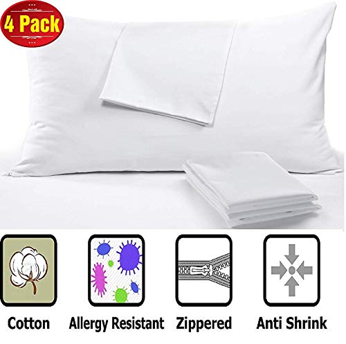 4Pack Cotton Pillow Protectors Standard Anti Allergy 20x26' 450 Thread Count Style Life Time Replacement Premium Cotton Sateen Tight Weave Lab Tested Non Noisy Zippered Covers Breathable