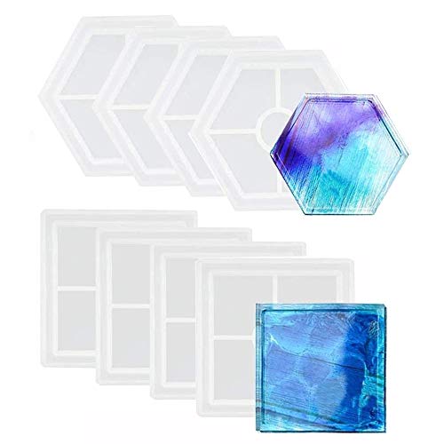 8 Pack DIY Coaster Silicone Mold, Include 4 Pcs Square, 4 Pcs Hexagon for Casting with Resin, Concrete, Cement, Home Decoration