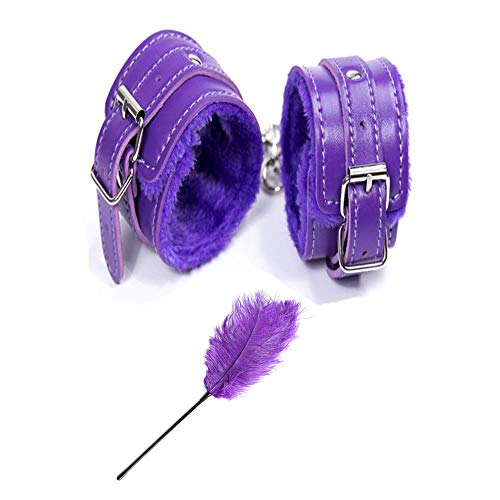 ENGOOL Handcuffs and Feather Adjustable Plush Metal Chain Wrist Cuffs for Sex The Game Violet ¡­