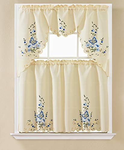 DiamondHome 3 Piece Embroidery Butterfly Kitchen Café Curtain Window Treatment Tier and Valance Set (Beige/Blue Butterfly)