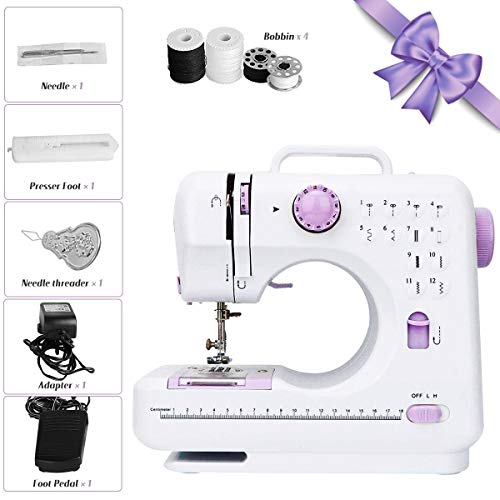 Portable Sewing Machine with 12 Floral Stitches, Household Electric Sewing Machine with Embroidery & Foot Pedal, 505A Hand-held Tailor Machine for Adult & Kids Beginners DIYer, Purple