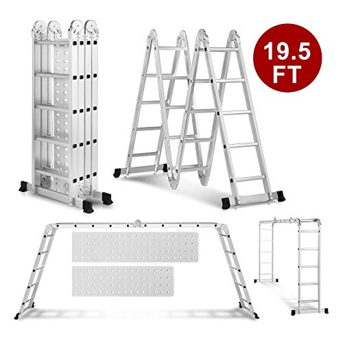 19.5ft Heavy Duty Gaint Aluminum Multi Purpose Folding Ladder Scaffold Ladders with 2 Platform Plates- 330Lbs