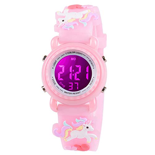 Venhoo Kids Watches for Girls Boys 3D Cartoon 30M Waterproof 7 Color LED Digital Child Wrist Watch Unicorn for Kid Toddler-Pink
