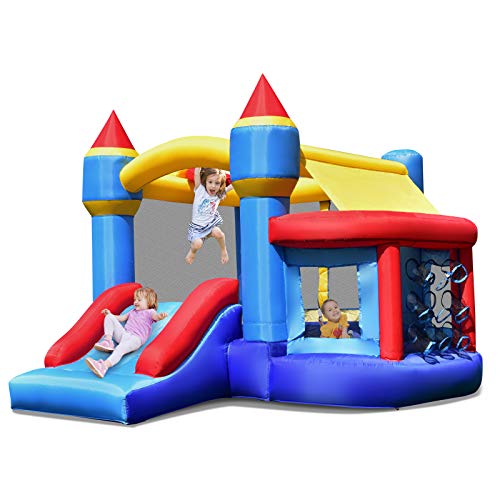 Costzon Inflatable Bounce House, Kids Slide Jumping Bouncer Castle w/Basketball Rim, Ball Shooting, Including Oxford Carrying Bag, Repairing Kit, Stakes, Without Blower (with Ocean Balls)