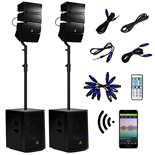 AKUSTIK 12 Inch 4000Watt Powered PA Speaker System Combo Set, DJ Array Speaker Set with Remote Control, Two Subwoofers & 8 X Array Speakers Set, Bluetooth/USB/SD/RCA