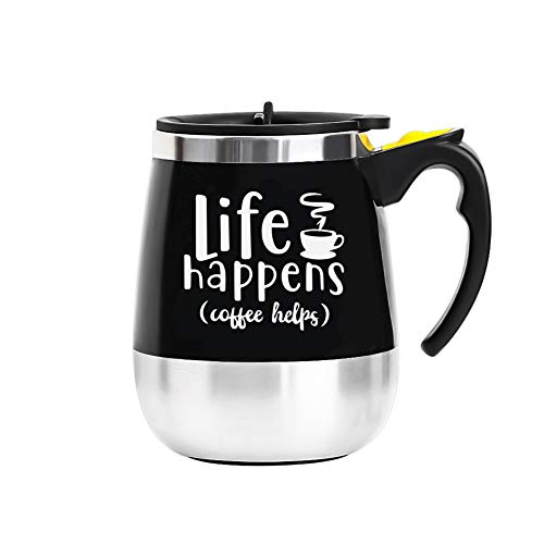 Update Self Stirring Mug Auto Self Mixing Stainless Steel Cup for Coffee/Tea/Hot Chocolate/Milk Mug for Office/Kitchen/Travel/Home -450ml/15oz (Black) (Life Happens, Coffee Helps)