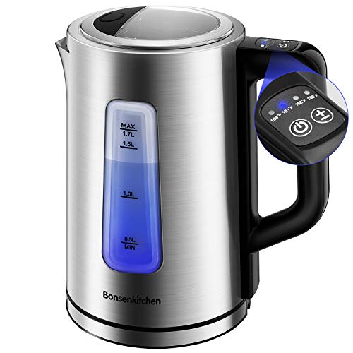 Electric Stainless Steel Tea Kettle 1.7L, Bonsenkitchen Electric Kettle Temperature Control Water Boiler Automatic Shut Off, 1500W Fast Heating Cordless Water Heater for Coffee, Tea or Milk with Led Light