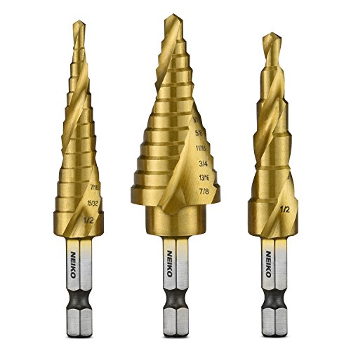 Neiko 10181A Quick Change HSS Titanium Coated Spiral Grooved Step Drill Bit 3-Piece Set | 31 Step Sizes in One Kit