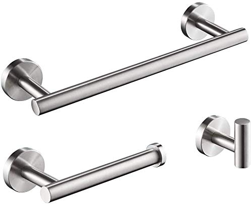 DOILIESE 3-Pieces Brushed Nickel Bathroom Accessories Set, SUS304 Stainless Steel Bathroom Set, Includes 12' Hand Towel Bar, Toilet Paper Holder, Robe Towel Hooks, Round Wall Mounted Towel Set