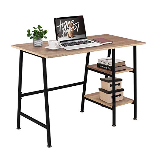 VECELO Computer Storage Workstation Study Desk Writing Table with 2 Tier Shelves for Office and Home, Oak