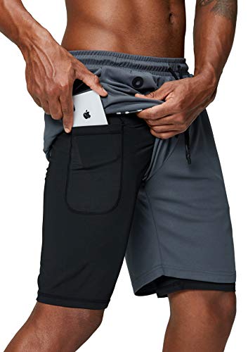 Pinkbomb Men's 2 in 1 Running Shorts Gym Workout Quick Dry Mens Shorts with Phone Pocket (Grey, Large)