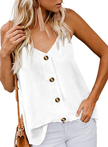 BLENCOT Women Cute Sleeveless Shirts Blouses Button Up V Neck Spaghetti Strap Fashion Cami Tank Top White S