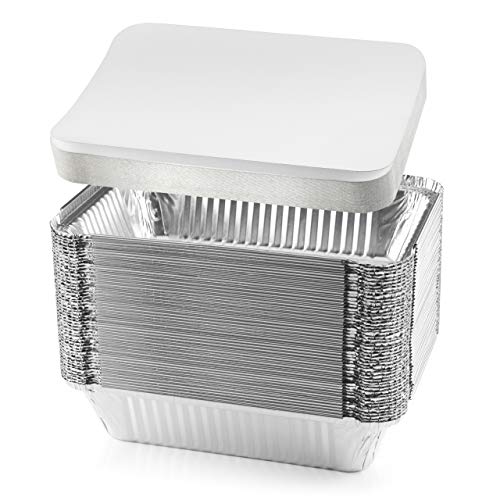 NYHI 50-Pack Heavy Duty Disposable Aluminum Oblong Foil Pans with Lid Covers Recyclable Tin Food Storage Tray Extra-Sturdy Containers for Cooking, Baking, Meal Prep, Takeout - 8.4' x 5.9' - 2.25lb